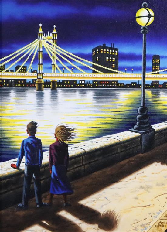 § John Duffin (1965-) Return Journey (Albert Bridge, Chelsea Embankment) 15 x 11in.